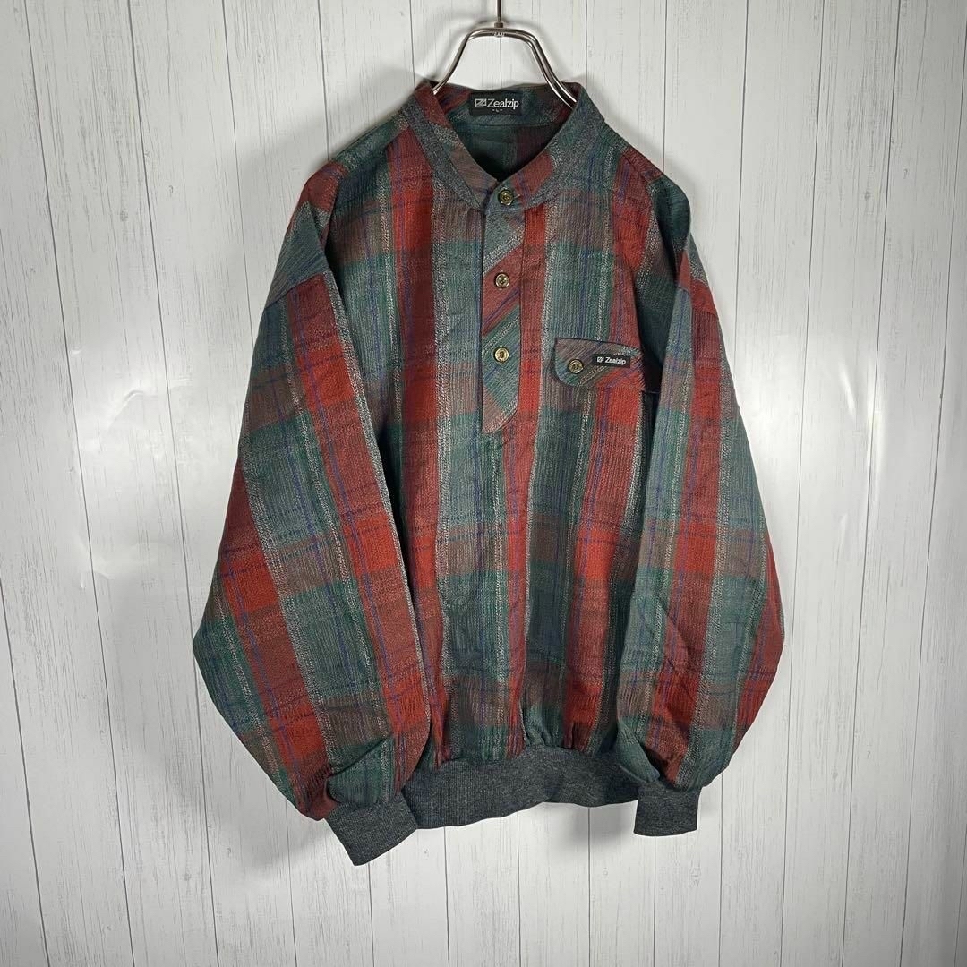 VINTAGE(ヴィンテージ)の[古着]ビンテージ　ノーカラーシャツ　タータンチェック　ハーフボタン　赤　緑 メンズのトップス(シャツ)の商品写真