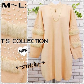 M～L：未使用★ニットワンピース／T'S COLLECTION★ベージュ(ひざ丈ワンピース)