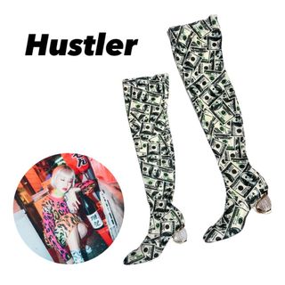 ドルチェアンドガッバーナ(DOLCE&GABBANA)の【 hustler 】　ドル札柄　総柄　25.5センチ　ロングブーツ　個性柄　白(ブーツ)