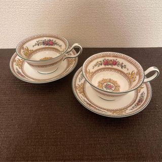 美品 WEDGWOOD ウェッジウッド ロココ ティーカップ＆ソーサー 2客 ペア リー 金彩 ゴールド 青 白 SU4647C