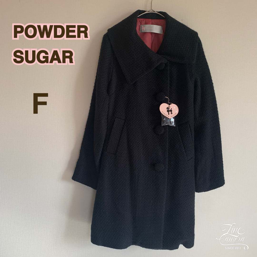POWDER SUGAR(パウダーシュガー)の新品 パウダーシュガー ロングコート ブラック 黒 コート 未使用 可愛い レディースのジャケット/アウター(ロングコート)の商品写真