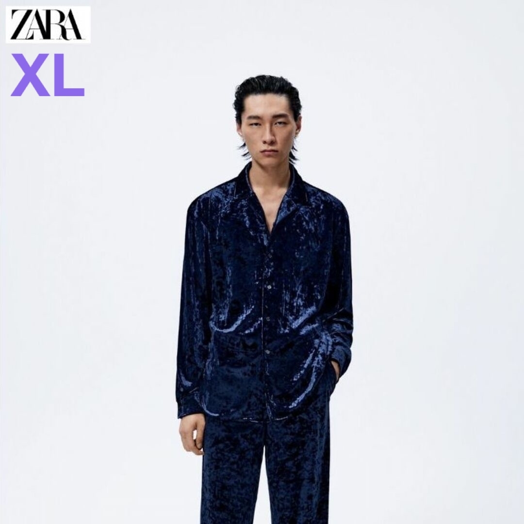 ZARA(ザラ)の【新品未使用品‼️】ZARA　ベルベットシャツ　"XL/ネイビーブルー" メンズのトップス(シャツ)の商品写真