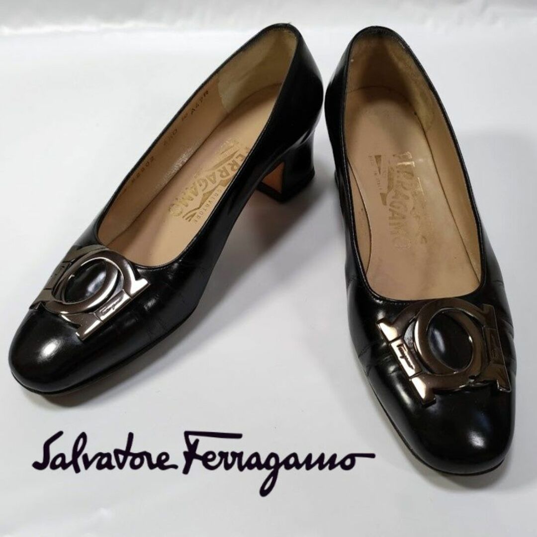 フェラガモ ダブルガンチーニ パンプス 4 1/2 22cm 黒 ブラック 靴 | フリマアプリ ラクマ