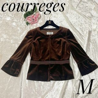 クレージュ(Courreges)の美品 クレージュ ノーカラージャケット リボン ベロア ブラウン 茶色 Mサイズ(ノーカラージャケット)