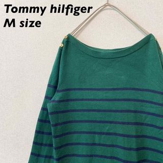 トミーヒルフィガー(TOMMY HILFIGER)のトミーヒルフィガー　ニット　セーター　ボーダー　刺繍ロゴ　男女兼用　緑色　M(ニット/セーター)