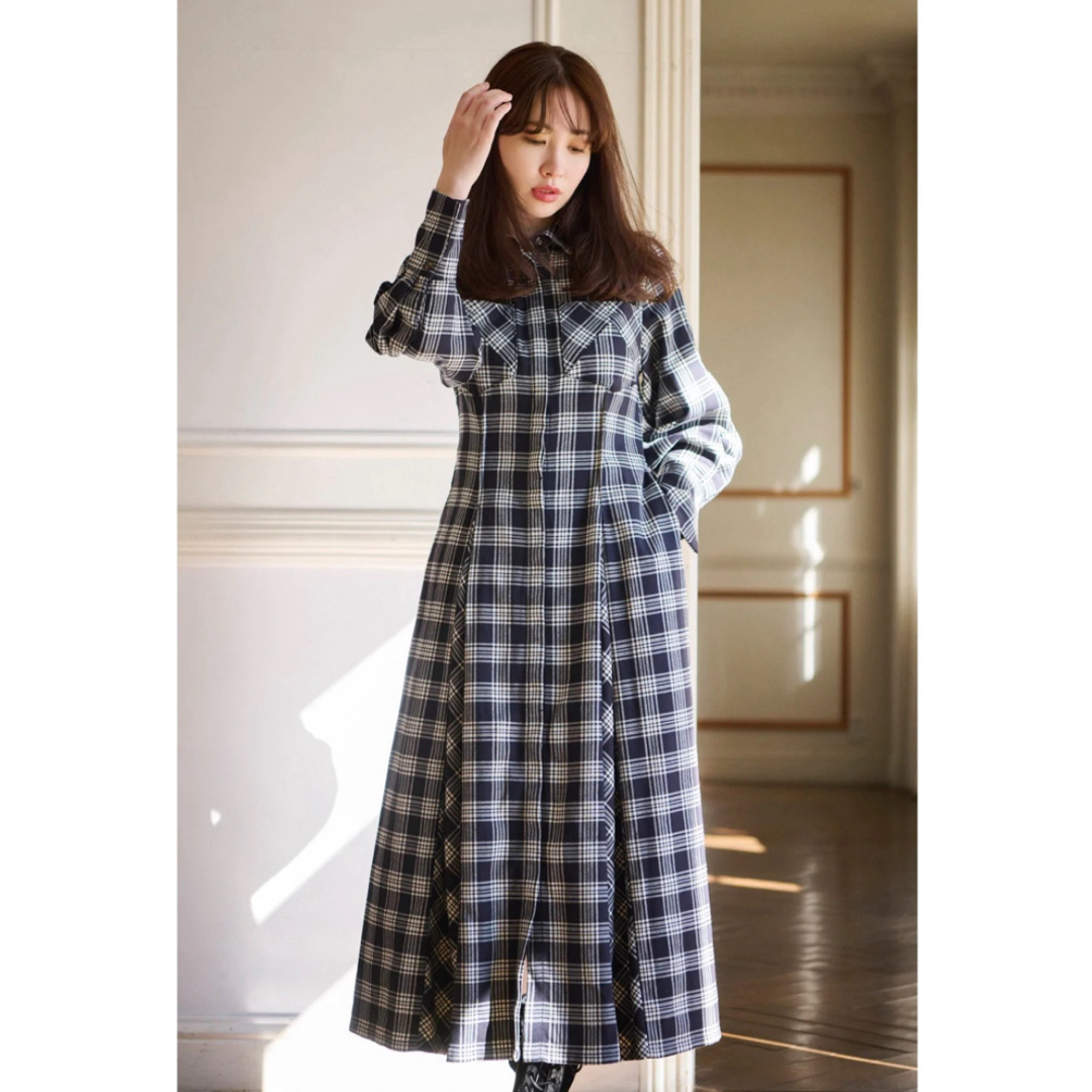 Her lip to(ハーリップトゥ)のCheckered Pleats Long Shirt Dress 美品 レディースのワンピース(ロングワンピース/マキシワンピース)の商品写真