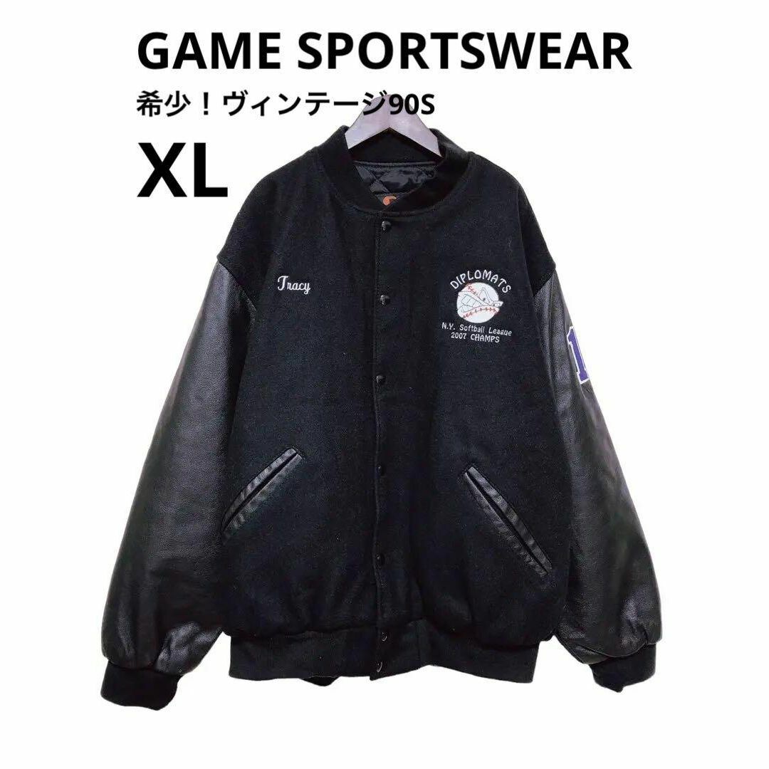 メンズGAME SPORTSWEAR スタジャン 90s 刺繍 レザー XL ブラック