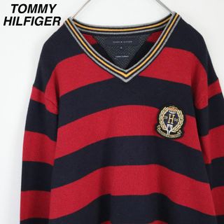 トミーヒルフィガー(TOMMY HILFIGER)の【XLサイズ】トミーヒルフィガー／ニット　太ボーダー　ワッペン　カシミヤ混　赤紺(ニット/セーター)