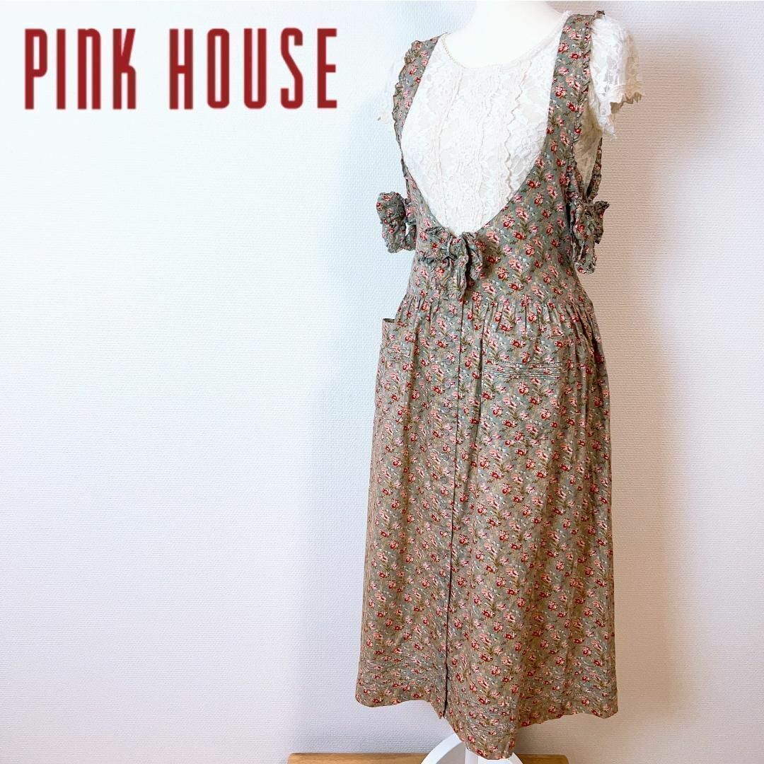 ■PINK HOUSE ジャンパースカート 花柄 総柄 リボン グリーン系
