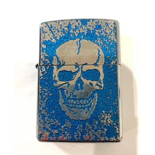 ジッポー(ZIPPO)の＊zippo ジッポ　ライター　タバコ　スカル　ドクロ　青　両面加工　ビンテージ(タバコグッズ)