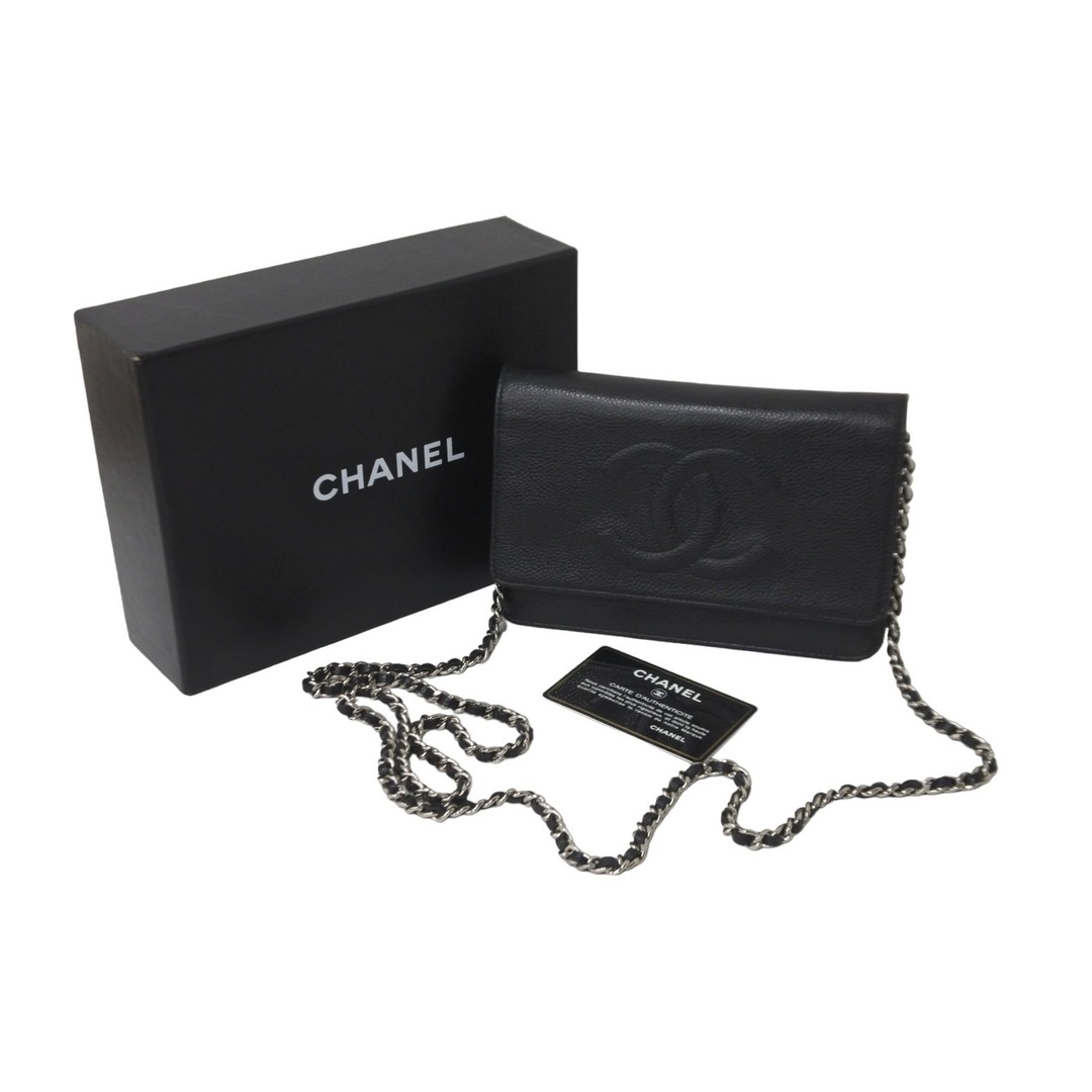 開閉式極美品 CHANEL シャネル チェーン ウォレット ショルダーバッグ 17番台 キャビアスキン ブラック シルバー金具  59305