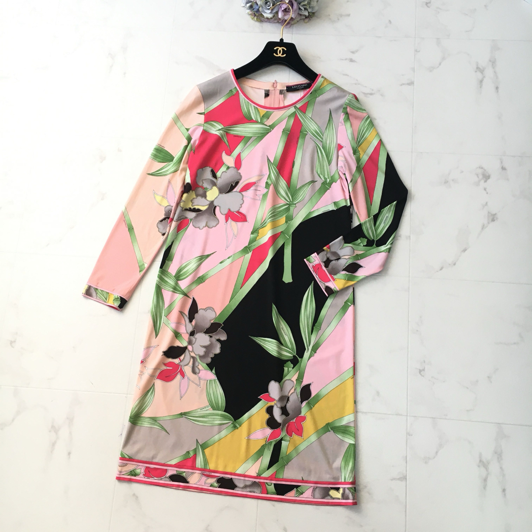 美品 LEONARD レオナール カンカン ストレッチ 花柄 ワンピース 美品 LEONARD レオナール カンカン ストレッチ 花柄 ワンピース