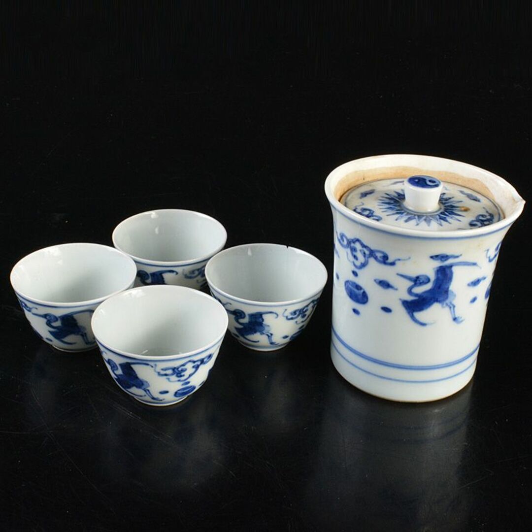煎茶道具 京焼 平安春峰作 染付雲鶴文 煎茶器 宝瓶 煎茶碗四客 M
