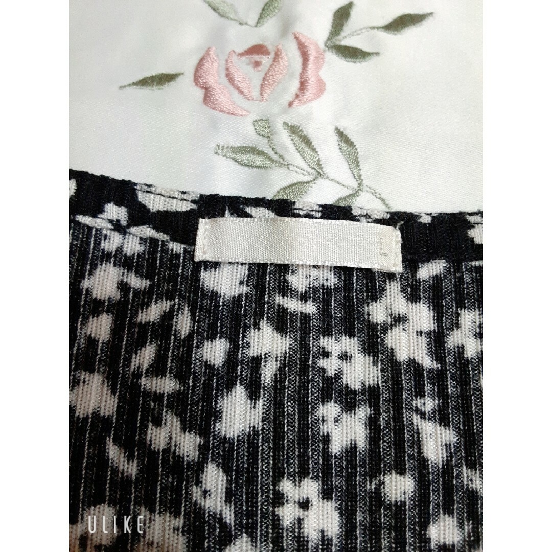 GU(ジーユー)のGU♡ミニワンピースLブラック×ホワイト小花🖤ルームウェア　ウエストリボン🎀 レディースのワンピース(ミニワンピース)の商品写真
