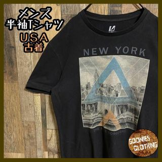 メンズ プリント ニューヨーク アメリカ Tシャツ USA古着 半袖 ブラック(Tシャツ/カットソー(半袖/袖なし))