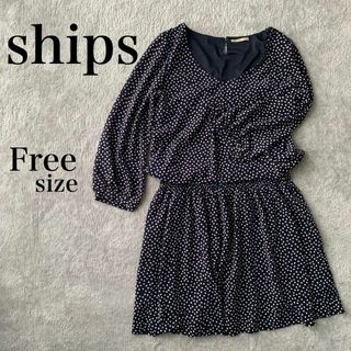 シップス(SHIPS)のships　シップス　フレアワンピース　ひざ丈　ネイビー　ドット　長袖　Free(ひざ丈ワンピース)