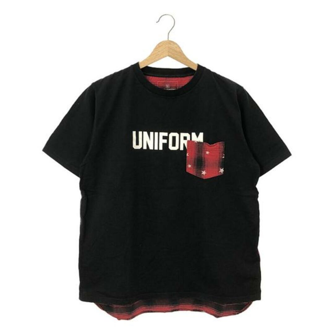 uniform experiment(ユニフォームエクスペリメント)のuniform experiment / ユニフォームエクスペリメント | バックチェック 切替 ロゴプリント Tシャツ | 2 | ブラック / レッド | メンズ メンズのトップス(Tシャツ/カットソー(半袖/袖なし))の商品写真