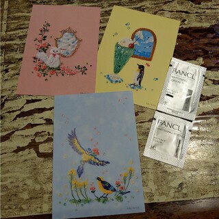 ファンケル(FANCL)のファンケル 刺繍作家 あーちくりん ポストカード3枚 化粧液 美容液サンプル(写真/ポストカード)