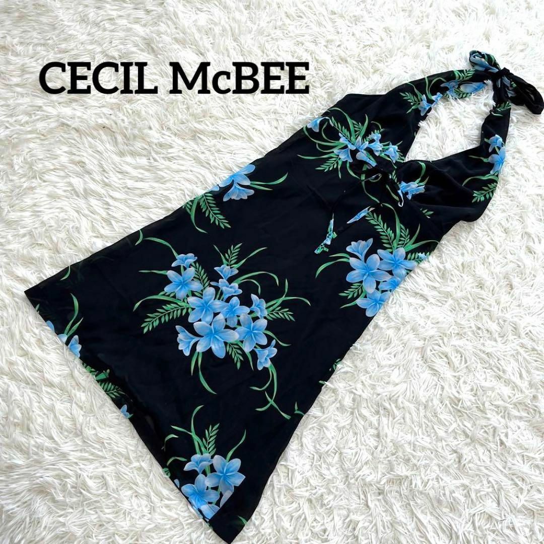 CECIL McBEE(セシルマクビー)のCECIL McBEE セシルマクビー　ワンピース　黒　花柄　ブルー レディースのワンピース(ひざ丈ワンピース)の商品写真