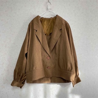 ブラウン　ジャケット　古着　茶色　襟　レトロ　長袖　オーバーサイズ　アウター(テーラードジャケット)