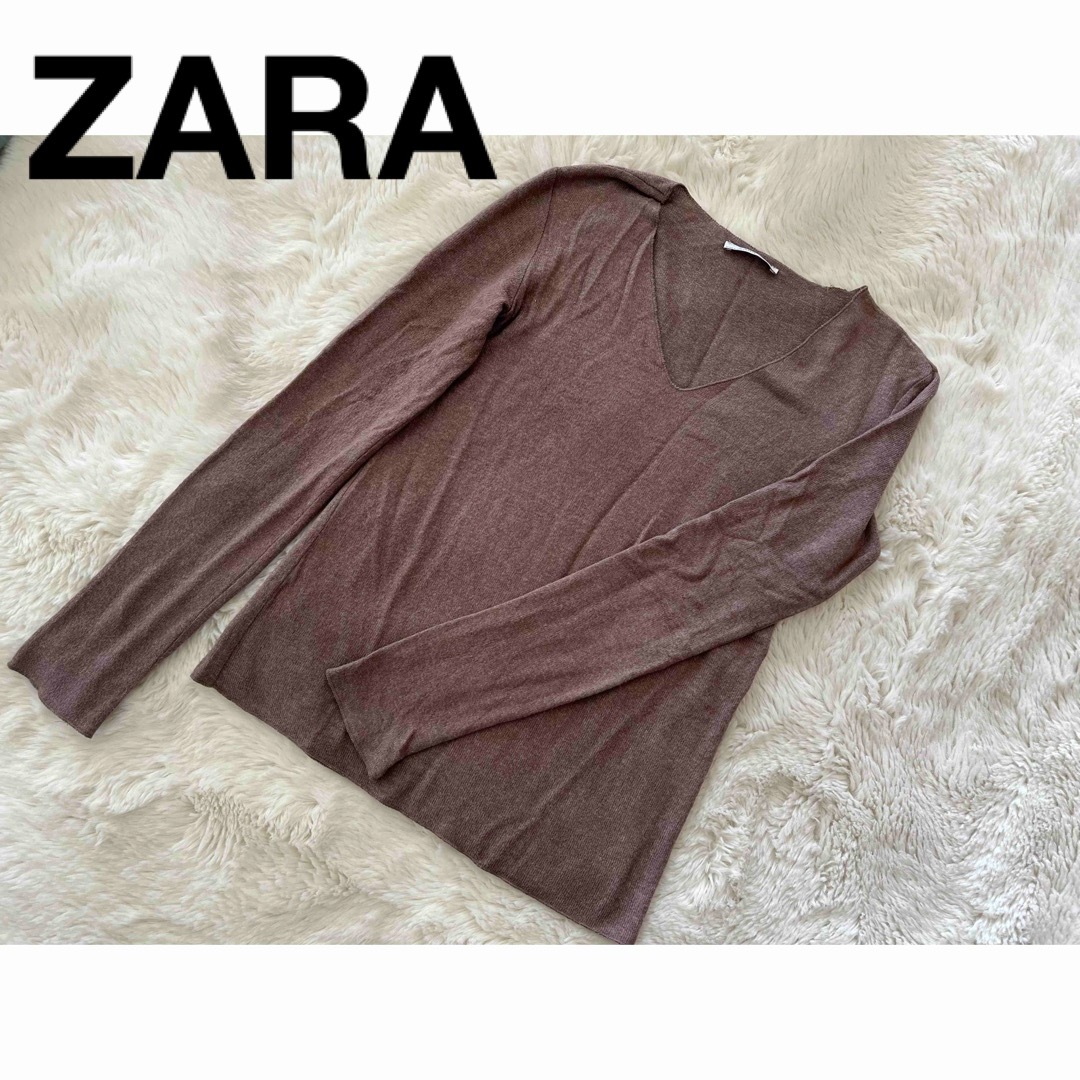 ZARA(ザラ)のZARAザラ　トップス　ニット　薄手　カットソー　茶　Ｖネック　M L S レディースのトップス(ニット/セーター)の商品写真