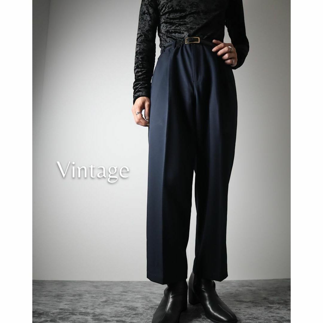 ART VINTAGE(アートヴィンテージ)の【vintage】2タック ワイド スラックス 光沢 濃紺 レトロ W33-35 メンズのパンツ(スラックス)の商品写真