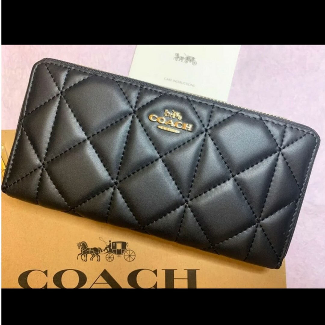 新品　COACH　長財布　ラウンドファスナー　キルティング　レザー　ブラック