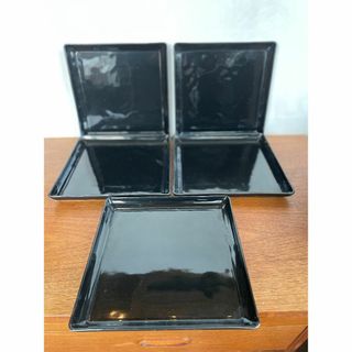 黒 陶器 角皿 四角 平皿 スクエア 作家 銘有 ケーキ デザート 美品 5客組(食器)