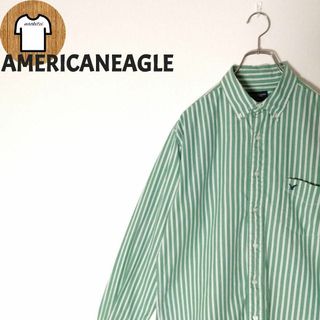 【AMERICANEAGLE 長袖ストライプシャツ S 刺繍ロゴ 緑 A639(シャツ)