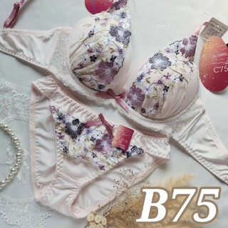 №444【B75】ロマンスプティフラワーブラジャー&フルバックショーツ(ブラ&ショーツセット)