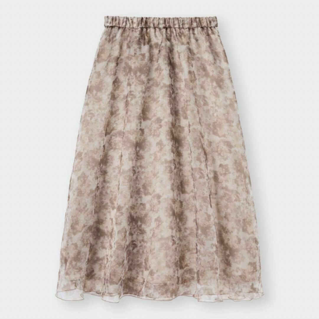 GU(ジーユー)の新品 上品 高みえ 透け感 レトロ 花柄シアーフレアスカート ミディ丈 茶色 L レディースのスカート(ロングスカート)の商品写真