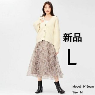 ジーユー(GU)の新品 上品 高みえ 透け感 レトロ 花柄シアーフレアスカート ミディ丈 茶色 L(ロングスカート)