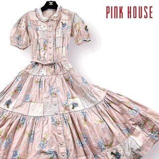 ピンクハウス(PINK HOUSE)の 【希少】PINK HOUSE パッチワーク花柄ワンピース Aライン 刺繍 フリ(ロングワンピース/マキシワンピース)