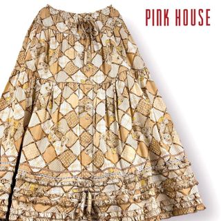 ピンクハウス(PINK HOUSE)の美品PINK HOUSE ロングスカート ティアード くま テディベア チェック(ロングスカート)