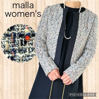 マーラ(malla)のmalla  women's  ライトツイード　ノーカラージャケット　ネイビー(ノーカラージャケット)