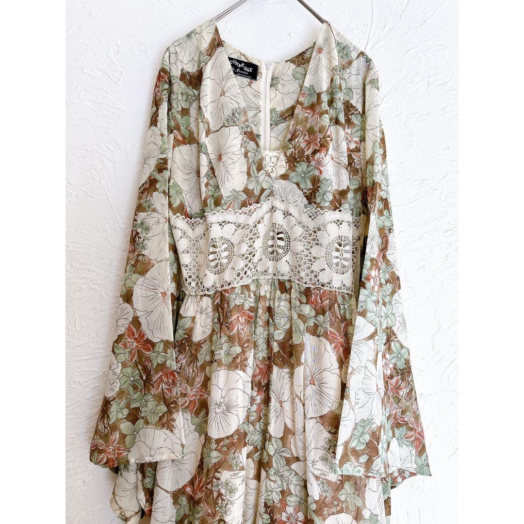 GUNNE SAX(ガニーサックス)の【超希少】70s GUNNE SAX 黒タグ 花柄ロングドレス ワンピ フレア袖 レディースのワンピース(ロングワンピース/マキシワンピース)の商品写真