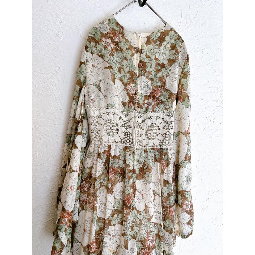 GUNNE SAX(ガニーサックス)の【超希少】70s GUNNE SAX 黒タグ 花柄ロングドレス ワンピ フレア袖 レディースのワンピース(ロングワンピース/マキシワンピース)の商品写真