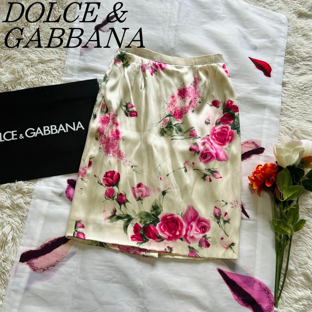 【美品】DOLCE\u0026GABBANA 総柄スカート オフホワイト 38 シルク