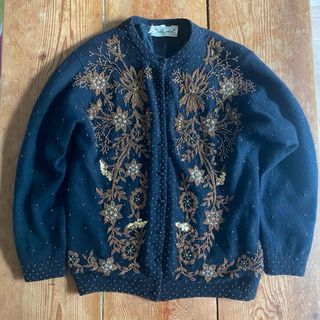 【vintage】Mon Canari ニットカーディガン刺繍 ビーズ ビジュー(カーディガン)