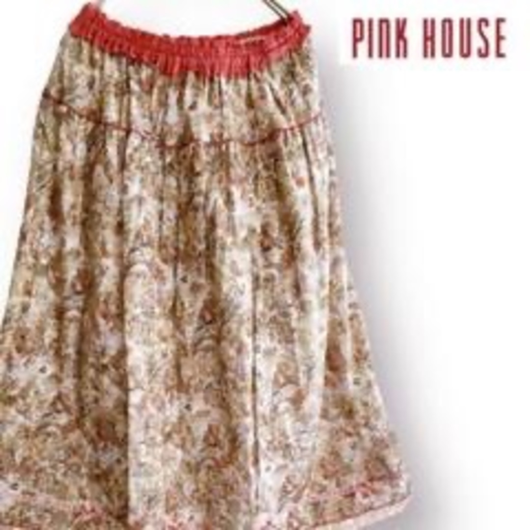 PINK HOUSE(ピンクハウス)の【美品】ピンクハウス にぎやかなおとぎ話プリントスカート リボン ピコフリル レディースのスカート(ひざ丈スカート)の商品写真