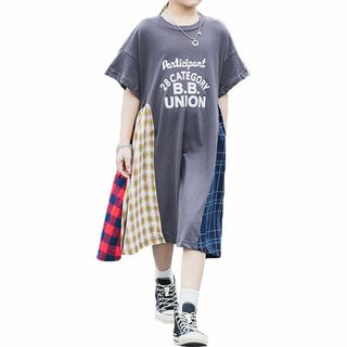 【色: グレー】WEARBIE ウェアビー半袖 ワンピース チェックパターン チ(その他)