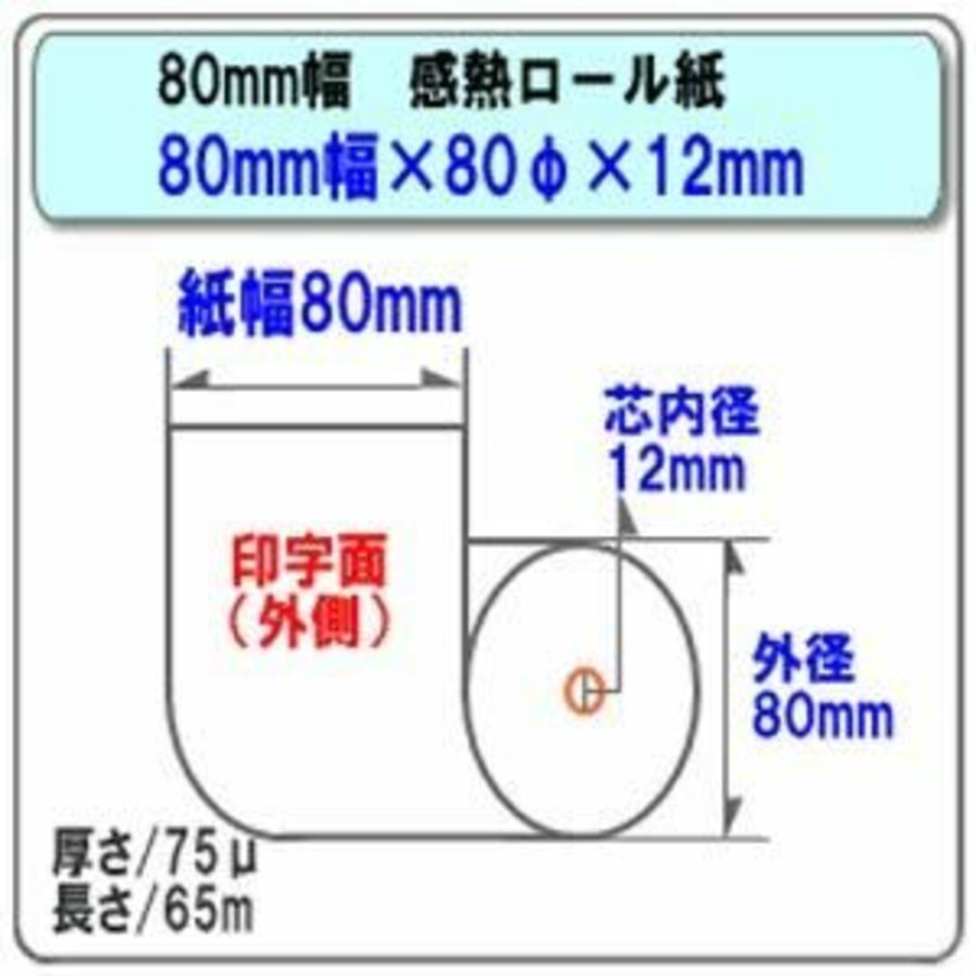 ビジコム純正 感熱レジロール紙 【三菱製紙・国産】紙幅80mm×外径80φ×内径 インテリア/住まい/日用品のオフィス用品(店舗用品)の商品写真