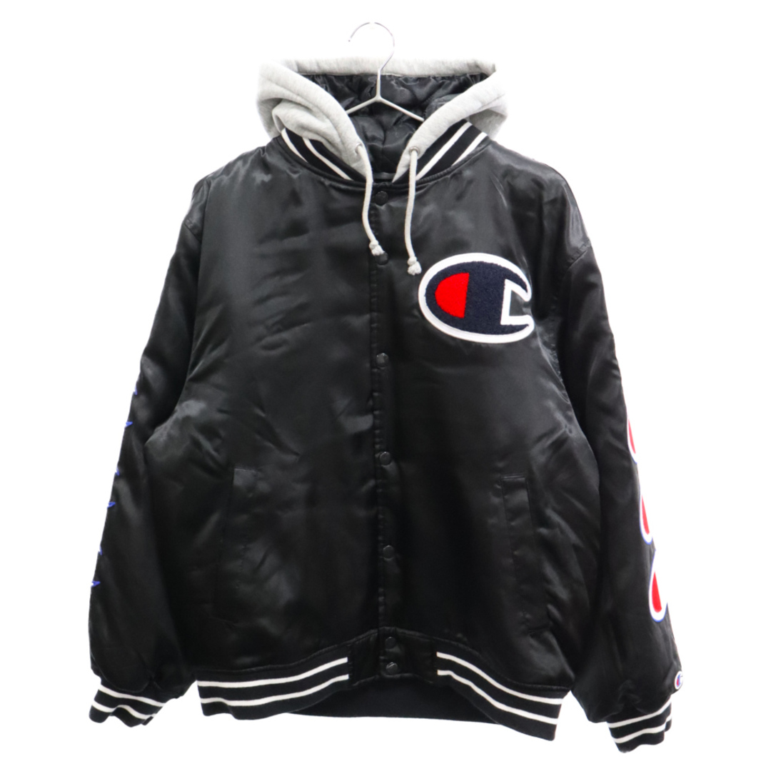 Supreme(シュプリーム)のSUPREME シュプリーム 18AW×champion hooded satin varsity jacket チャンピオン フーデッド バーシティ ジャケット ブラック メンズのジャケット/アウター(フライトジャケット)の商品写真