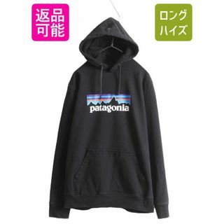 パタゴニア(patagonia)の19年製 パタゴニア プリント スウェット フード パーカー メンズ L Patagonia トレーナー プルオーバー フィッツロイ アウトドア 黒 裏起毛(パーカー)