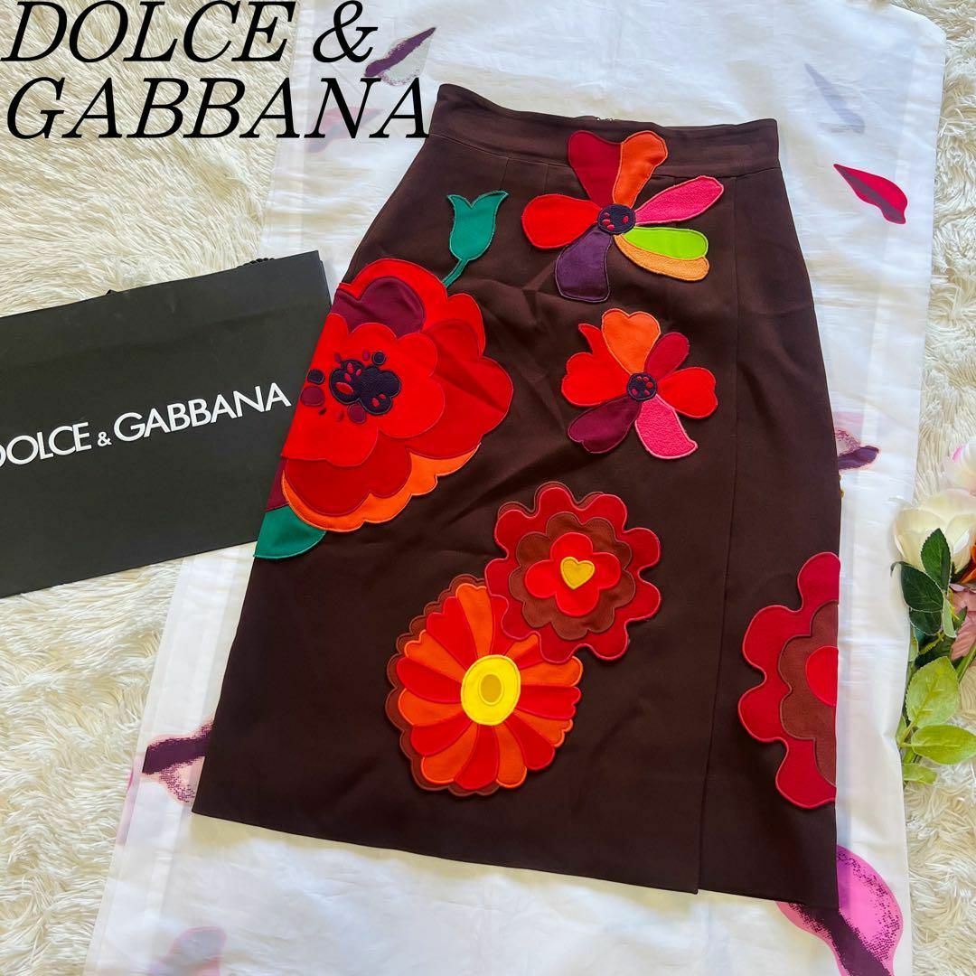 【美品】DOLCE\u0026GABBANA パッチワークスカート ブラウン 膝丈 38loddy