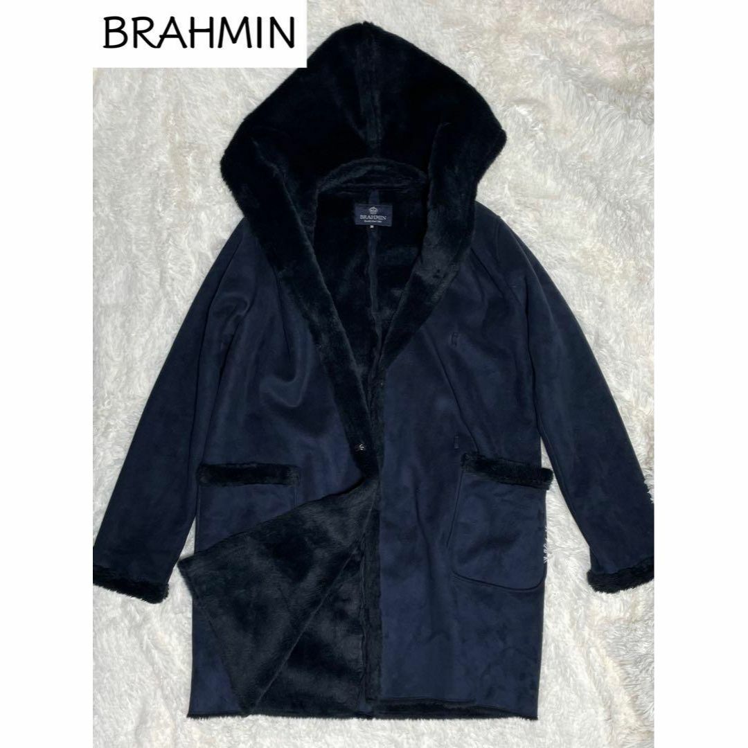 BRAHMIN(ブラーミン)のBRAHMIN ブラーミン ムートンコート フード付き ネイビー サイズ38 レディースのジャケット/アウター(毛皮/ファーコート)の商品写真