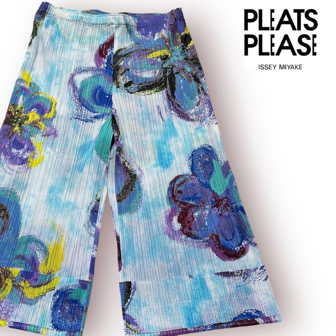 Kuri⠀【美品】希少 Pleats Please  花柄パンツ 油絵 水彩 マルチカラー