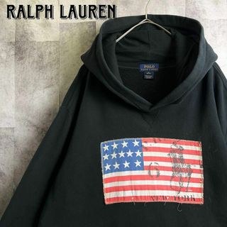 ポロラルフローレン(POLO RALPH LAUREN)の希少 ポロラルフローレン プルオーバーパーカー 星条旗 ポニー ブラック XL(パーカー)