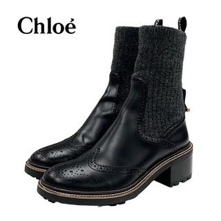シーバイクロエ(SEE BY CHLOE)のクロエ Chloe フランヌ ブーツ ショートブーツ ソックスブーツ 靴 シューズ レザー ウール ニット ブラック グレー(ブーツ)