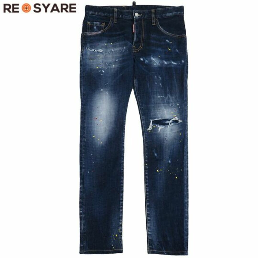 美品 ディースクエアード 21SS S74LB0835 Skater Jeans ペイント ダメージ ウォッシュ加工 ボタンフライ デニム パンツ 46054牛革カラー